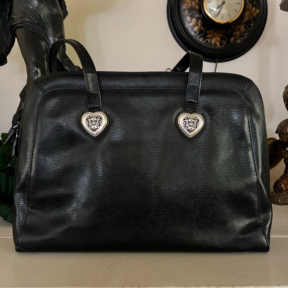 Coldwater Creek Black Faux Alligator Handbag w/ Gold & Silver Hearts